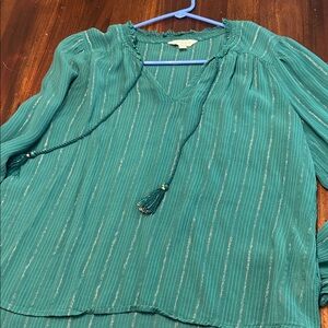 Lucky Brand Teal Peasant Blouse with Metallic Stripe Tassels